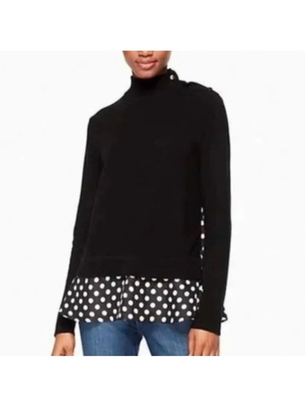 Kate Spade Black Sweater Polka Dot Silk Hem Layered Look Button Shoulder Size XS